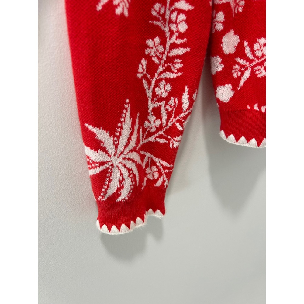 Cynthia Rowley Red White Tropical Palm Tree Scalloped Cotton Cardigan Sweater M - Picture 7 of 9